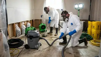 Sewer backup cleanup crew in Port St. Lucie, FL removing sewage and sanitizing a flooded home