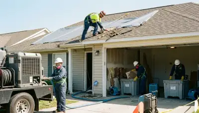 Storm damage restoration crew repairing water-damaged home in Port St. Lucie, FL